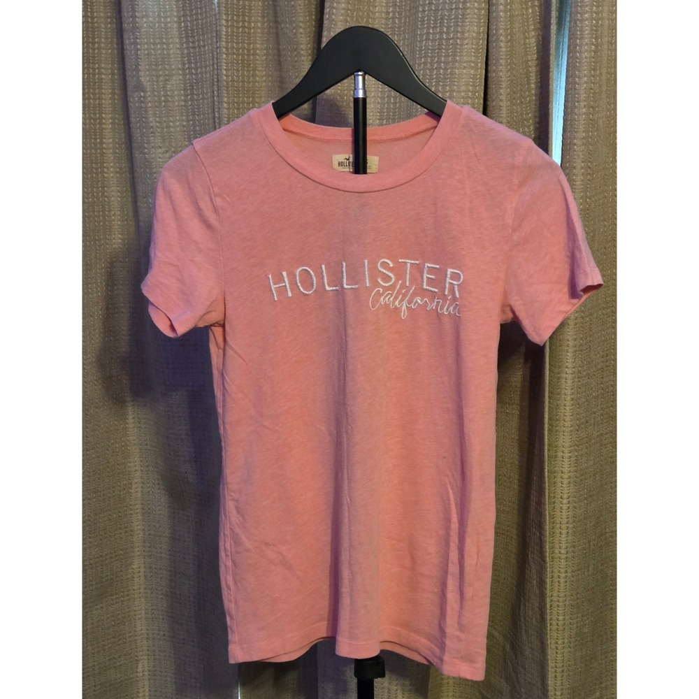 Hollister Short Sleeve Spellout Shirt Women's Size Small Pink‎ White Y2K